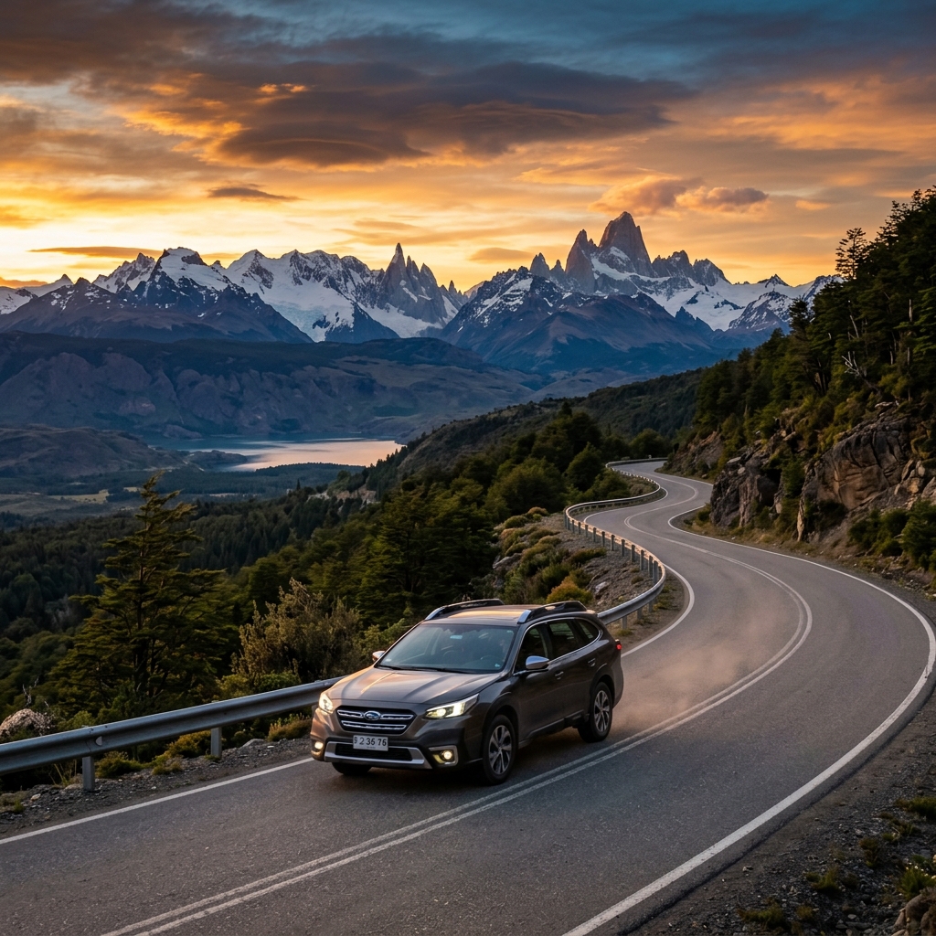 Carretera chilena con los Andes de fondo al atardecer
